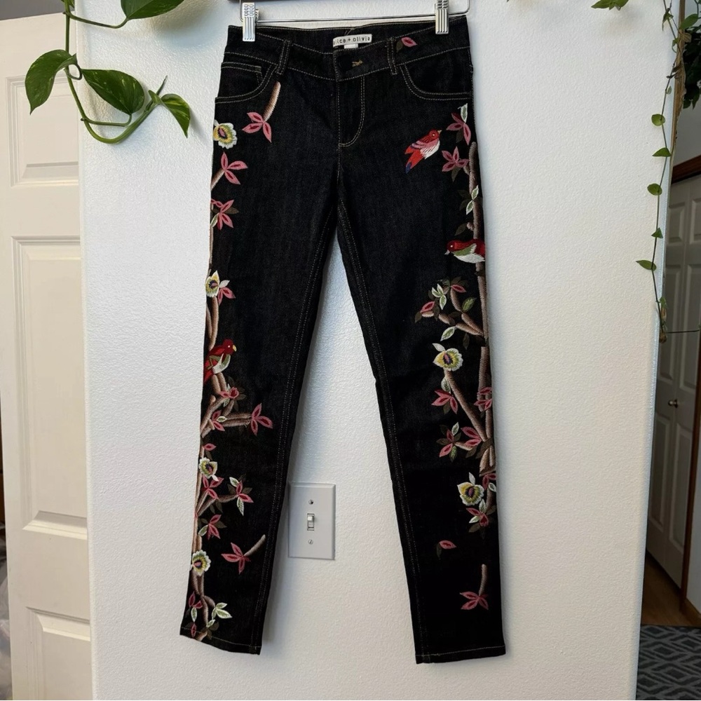 Alice+Olivia Jane Embroidered Skinny Jeans Black Floral Embellished pants 24